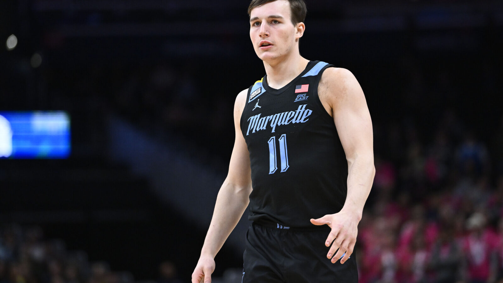 Feb 3, 2024; Washington, District of Columbia, USA; Marquette Golden Eagles guard Tyler Kolek (11) against the Georgetown Hoyas during the first half at Capital One Arena.