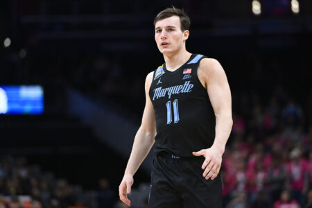 Feb 3, 2024; Washington, District of Columbia, USA; Marquette Golden Eagles guard Tyler Kolek (11) against the Georgetown Hoyas during the first half at Capital One Arena.