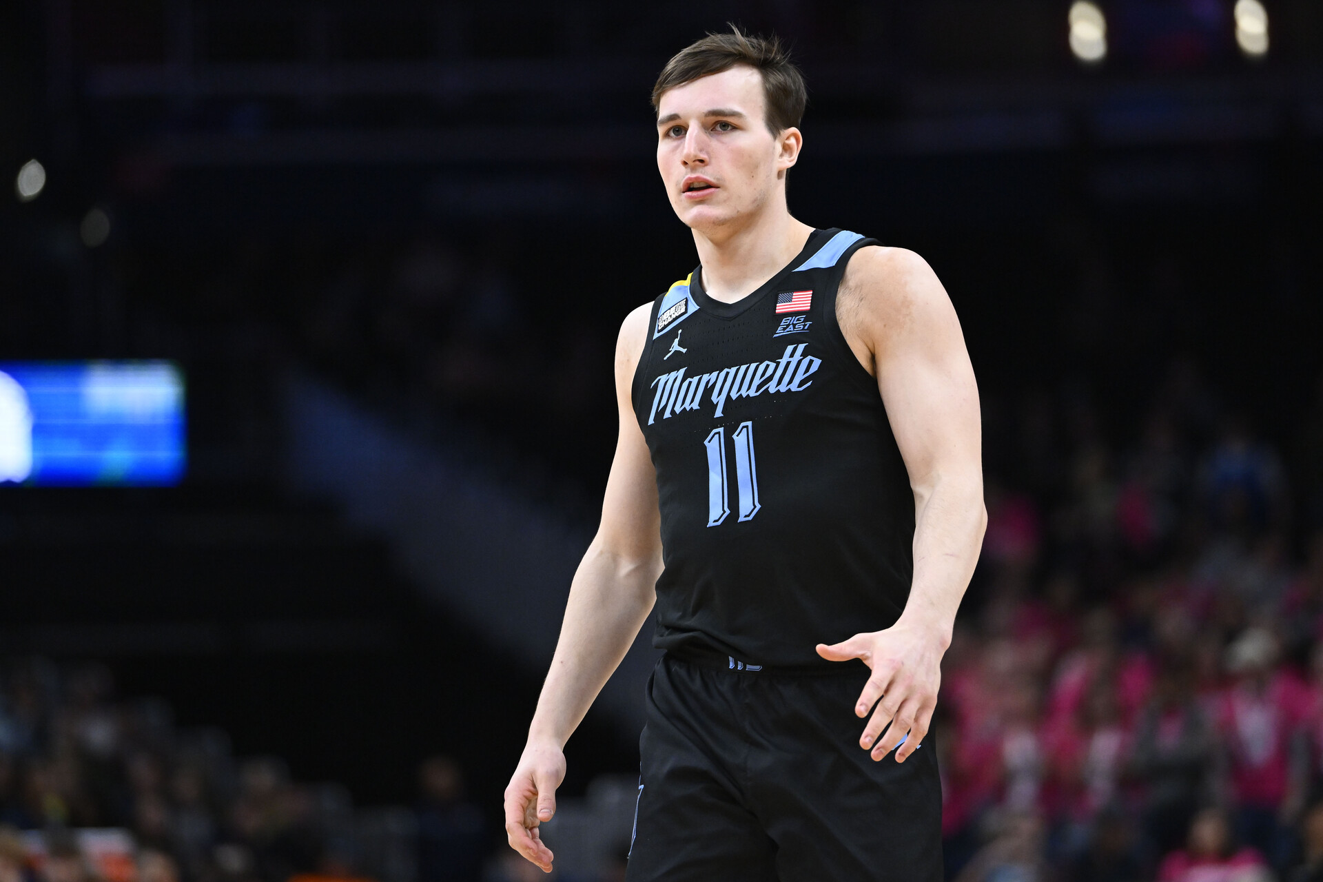 Feb 3, 2024; Washington, District of Columbia, USA; Marquette Golden Eagles guard Tyler Kolek (11) against the Georgetown Hoyas during the first half at Capital One Arena.