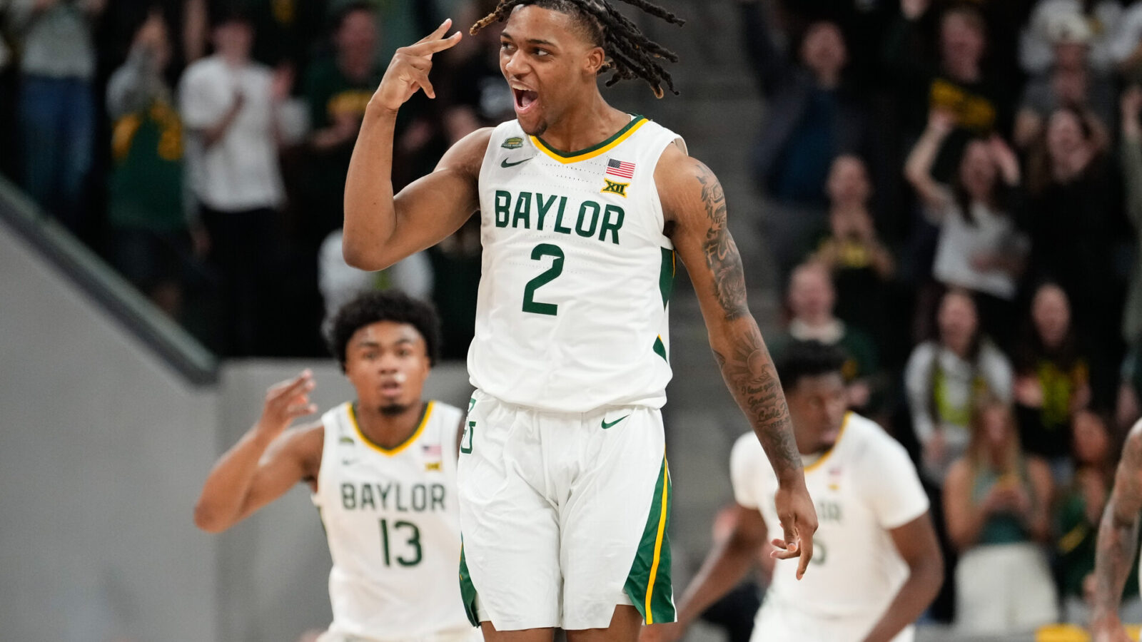 Baylor Bears guard Jayden Nunn (2) celebrates after scoring a three point basket against the Iowa State Cyclones during the first half at Paul and Alejandra Foster Pavilion.