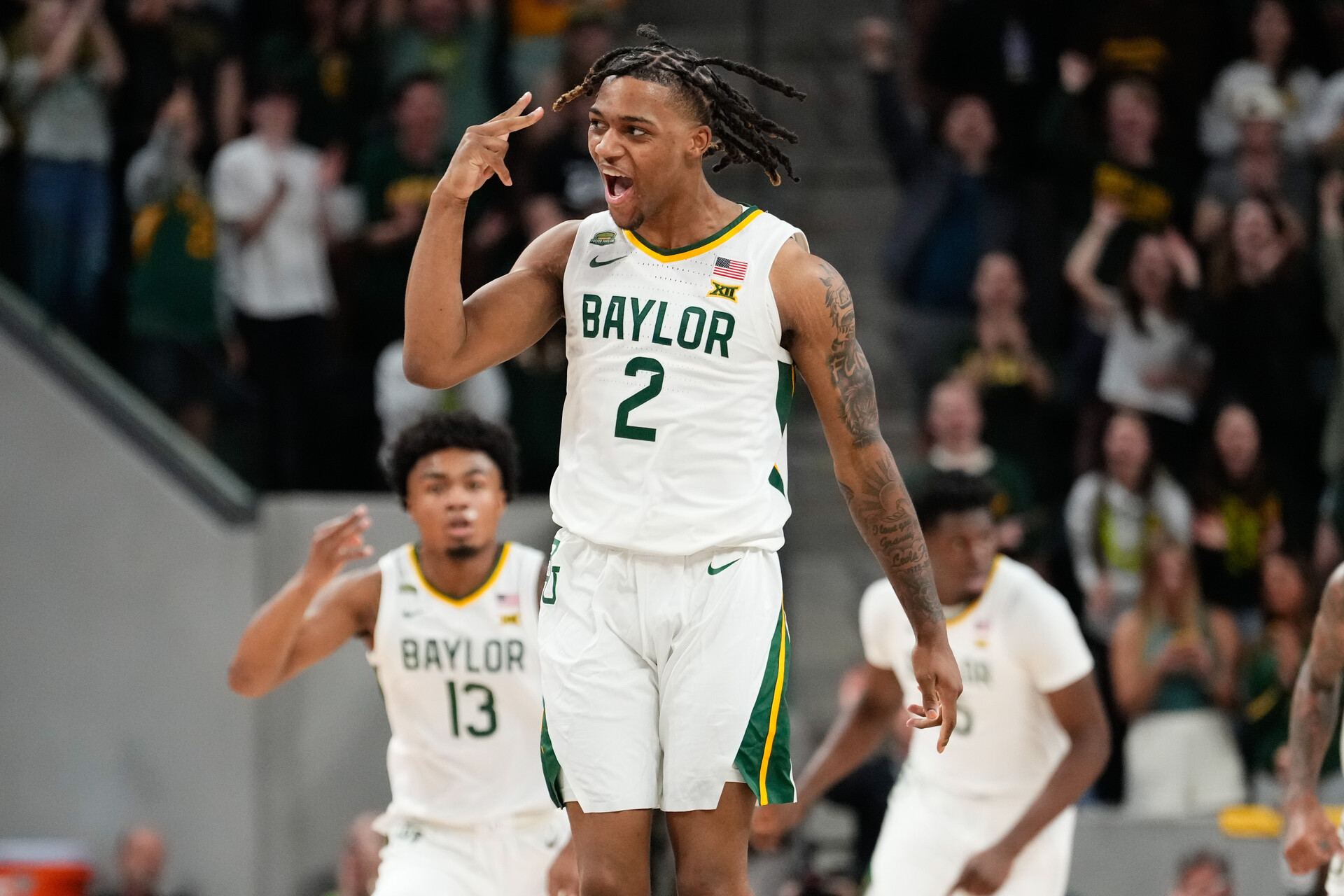 Baylor Bears guard Jayden Nunn (2) celebrates after scoring a three point basket against the Iowa State Cyclones during the first half at Paul and Alejandra Foster Pavilion.