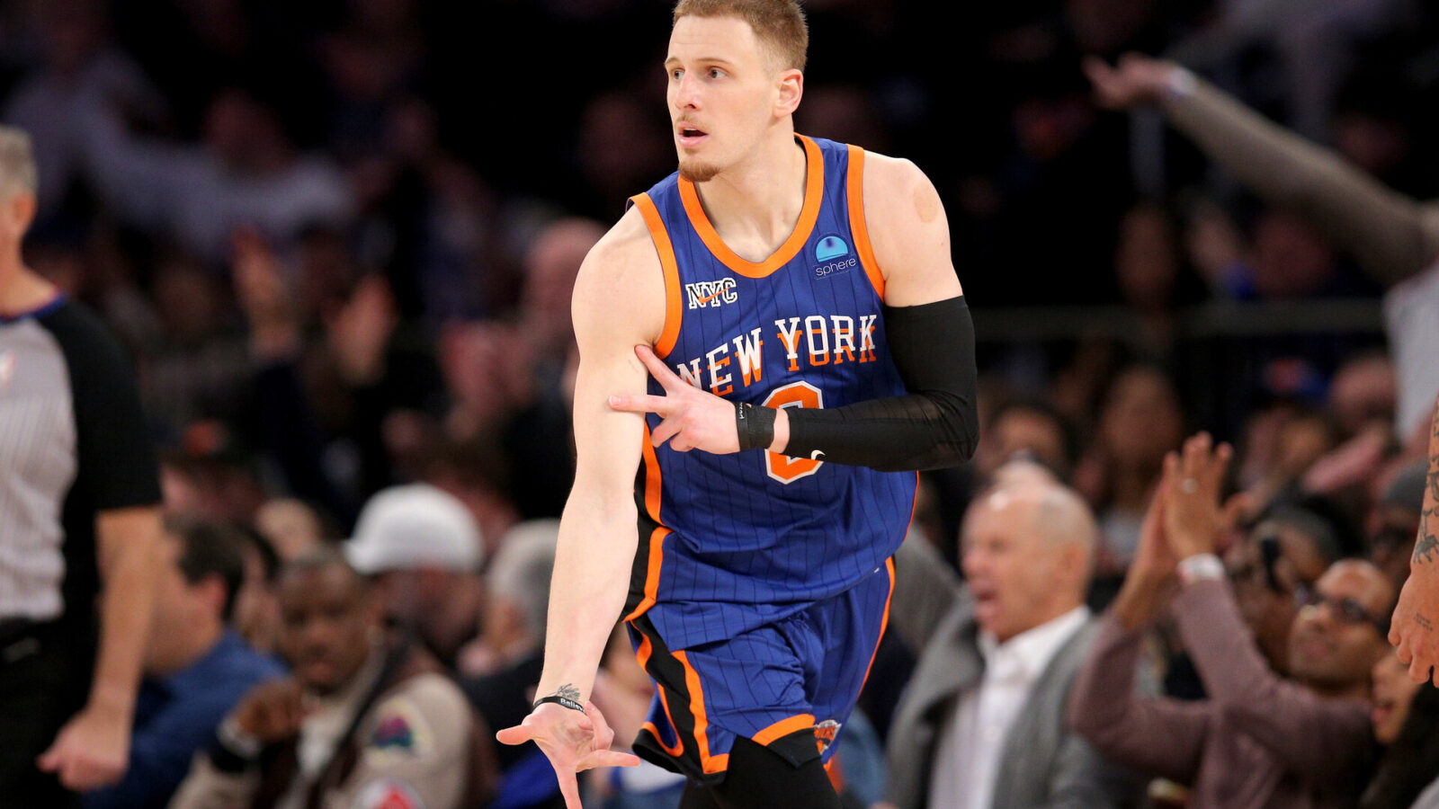 New York Knicks guard Donte DiVincenzo (0) celebrates his three point shot against the Los Angeles Lakers during the second quarter at Madison Square Garden.
