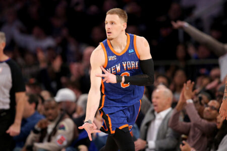 New York Knicks guard Donte DiVincenzo (0) celebrates his three point shot against the Los Angeles Lakers during the second quarter at Madison Square Garden.