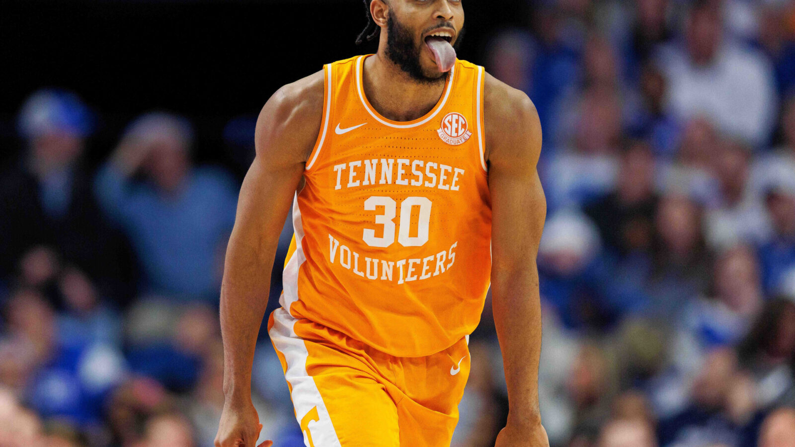 Tennessee Volunteers guard Josiah-Jordan James (30) celebrates a basket during the second half against the Kentucky Wildcats at Rupp Arena at Central Bank Center.