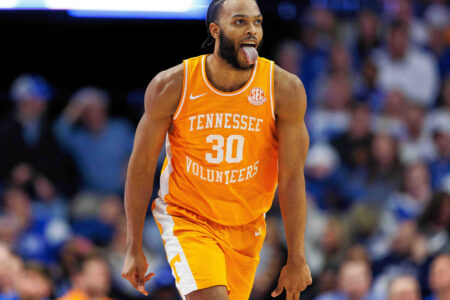 Tennessee Volunteers guard Josiah-Jordan James (30) celebrates a basket during the second half against the Kentucky Wildcats at Rupp Arena at Central Bank Center.