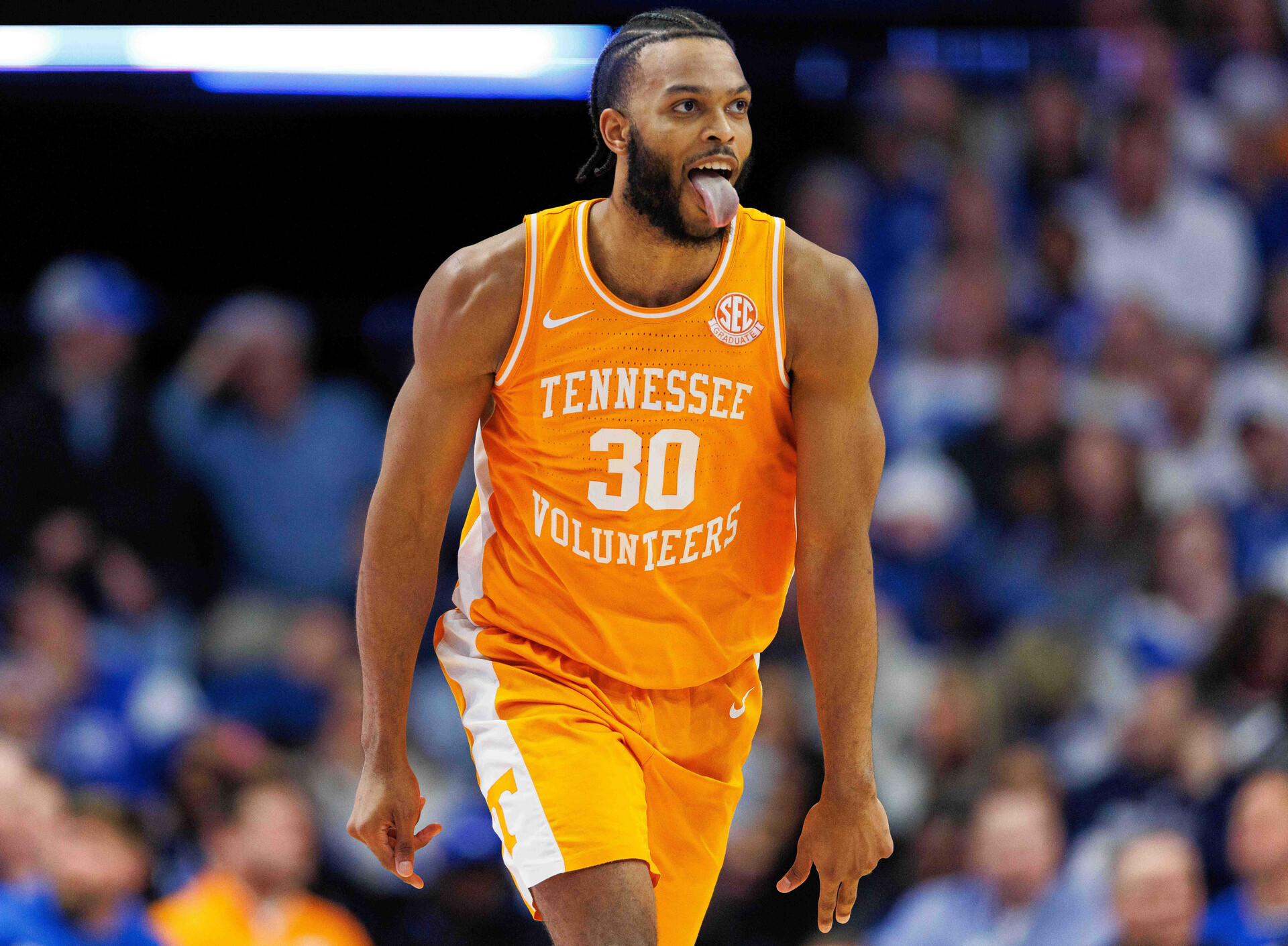 Tennessee Volunteers guard Josiah-Jordan James (30) celebrates a basket during the second half against the Kentucky Wildcats at Rupp Arena at Central Bank Center.