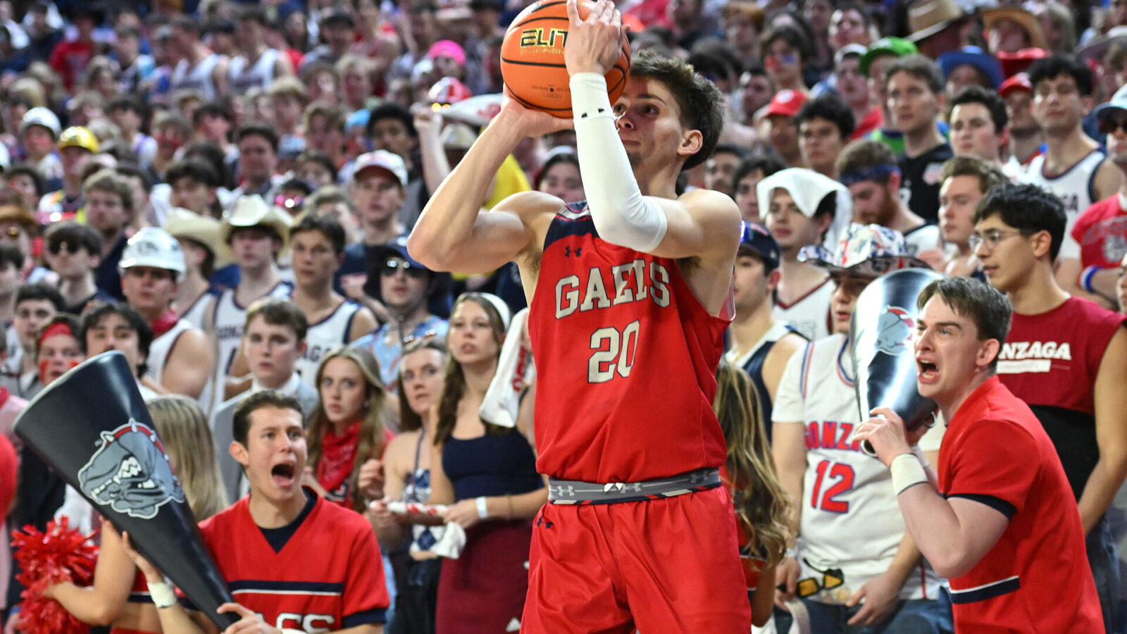 Feb 3, 2024; Spokane, Washington, USA; St. Mary's Gaels guard Aidan Mahaney (20) shoots the ball against the Gonzaga Bulldogs in the first half at McCarthey Athletic Center.