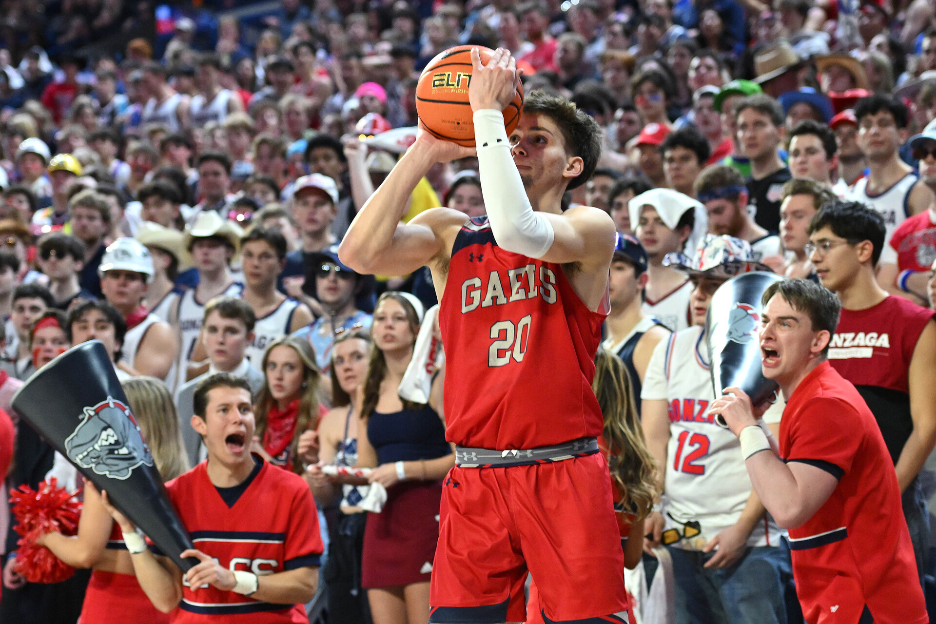 Feb 3, 2024; Spokane, Washington, USA; St. Mary's Gaels guard Aidan Mahaney (20) shoots the ball against the Gonzaga Bulldogs in the first half at McCarthey Athletic Center.