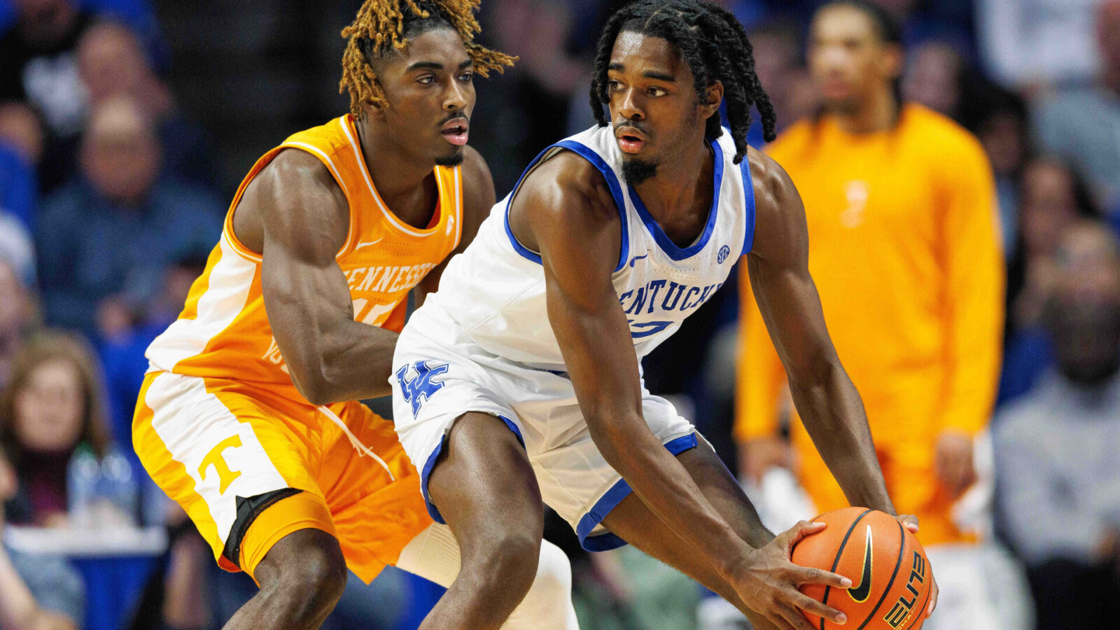 Feb 3, 2024; Lexington, Kentucky, USA; Kentucky Wildcats guard Antonio Reeves (12) holds the ball during the first half against the Tennessee Volunteers at Rupp Arena at Central Bank Center.