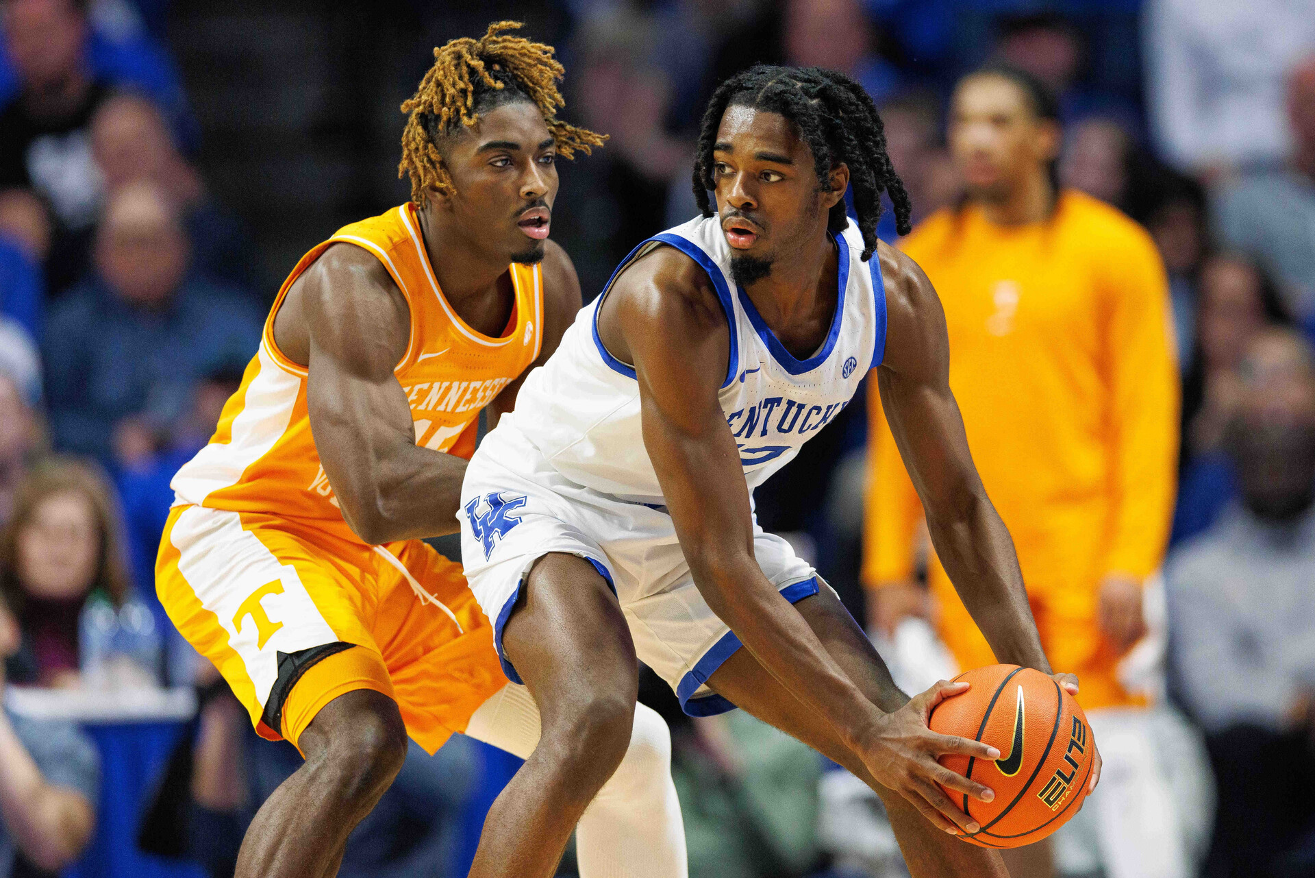 Feb 3, 2024; Lexington, Kentucky, USA; Kentucky Wildcats guard Antonio Reeves (12) holds the ball during the first half against the Tennessee Volunteers at Rupp Arena at Central Bank Center.