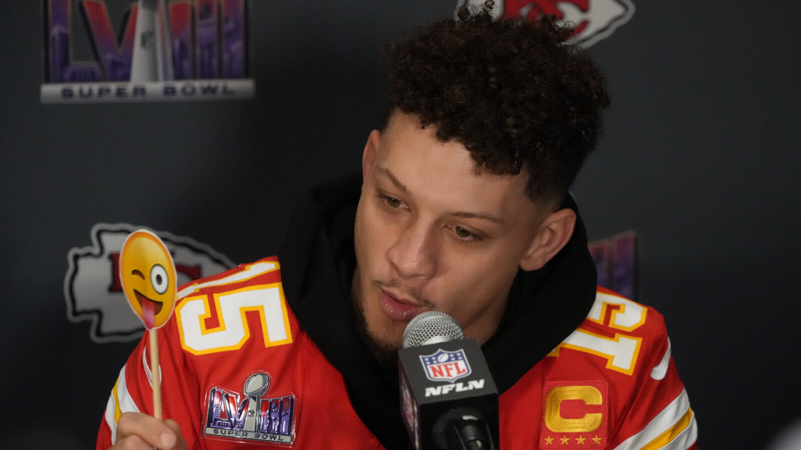 Feb 6, 2024; Las Vegas, NV, USA; Kansas City Chiefs quarterback Patrick Mahomes (15) speaks during a press conference before Super Bowl LVIII at Westin Lake Las Vegas Resort and Spa.