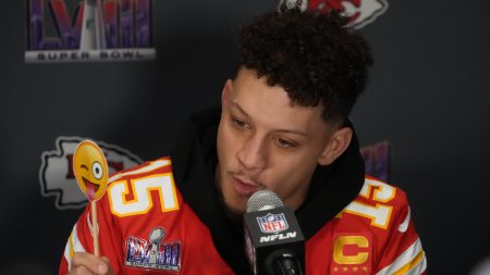 Feb 6, 2024; Las Vegas, NV, USA; Kansas City Chiefs quarterback Patrick Mahomes (15) speaks during a press conference before Super Bowl LVIII at Westin Lake Las Vegas Resort and Spa.