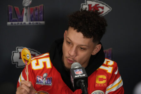 Feb 6, 2024; Las Vegas, NV, USA; Kansas City Chiefs quarterback Patrick Mahomes (15) speaks during a press conference before Super Bowl LVIII at Westin Lake Las Vegas Resort and Spa.