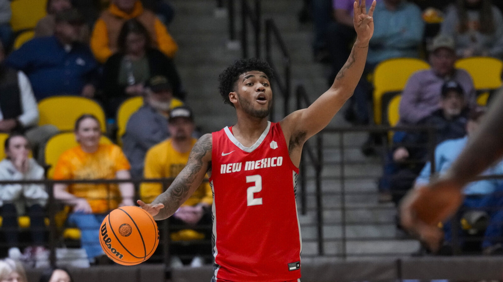 Feb 6, 2024; Laramie, Wyoming, USA; New Mexico Lobos guard Donovan Dent (2) calls out a play against the Wyoming Cowboys during the second half at Arena-Auditorium.