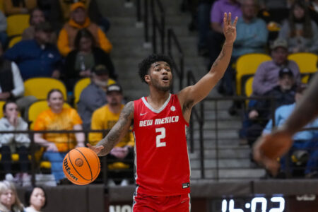 Feb 6, 2024; Laramie, Wyoming, USA; New Mexico Lobos guard Donovan Dent (2) calls out a play against the Wyoming Cowboys during the second half at Arena-Auditorium.