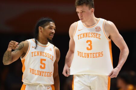 Tennessee's Zakai Zeigler (5) and Dalton Knecht (3) talk as they take to the floor to start the NCAA college basketball game against LSU on Wednesday, February 7, 2024 in Knoxville, Tenn.