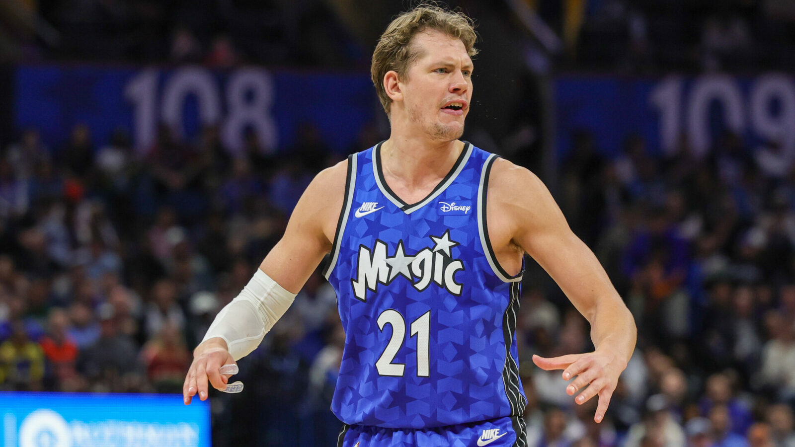 Feb 13, 2024; Orlando, Florida, USA; Orlando Magic center Moritz Wagner (21) reacts to a call during the second half against the Oklahoma City Thunder at Amway Center.