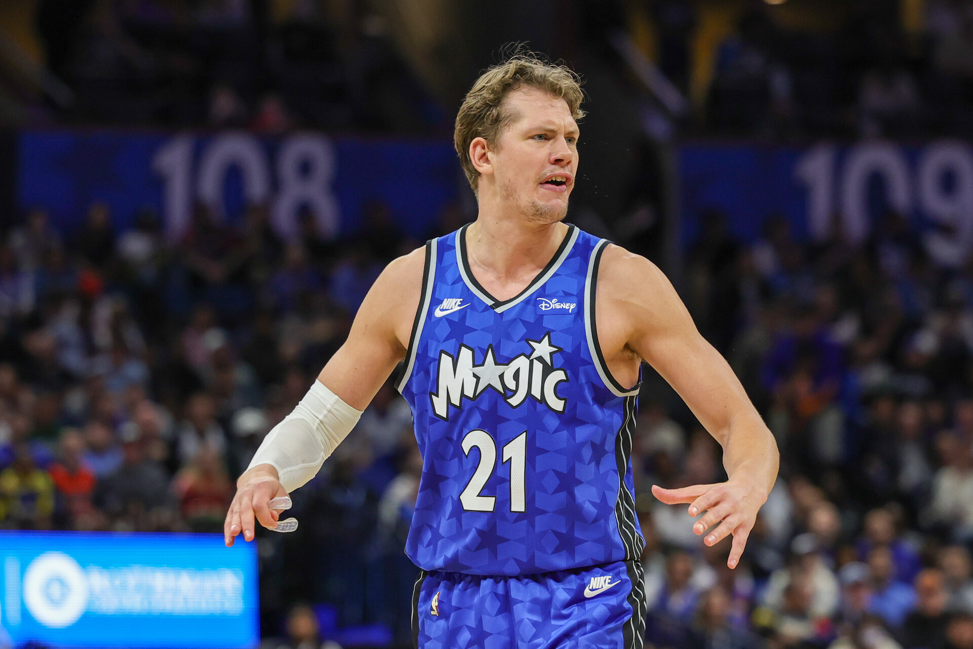 Feb 13, 2024; Orlando, Florida, USA; Orlando Magic center Moritz Wagner (21) reacts to a call during the second half against the Oklahoma City Thunder at Amway Center.