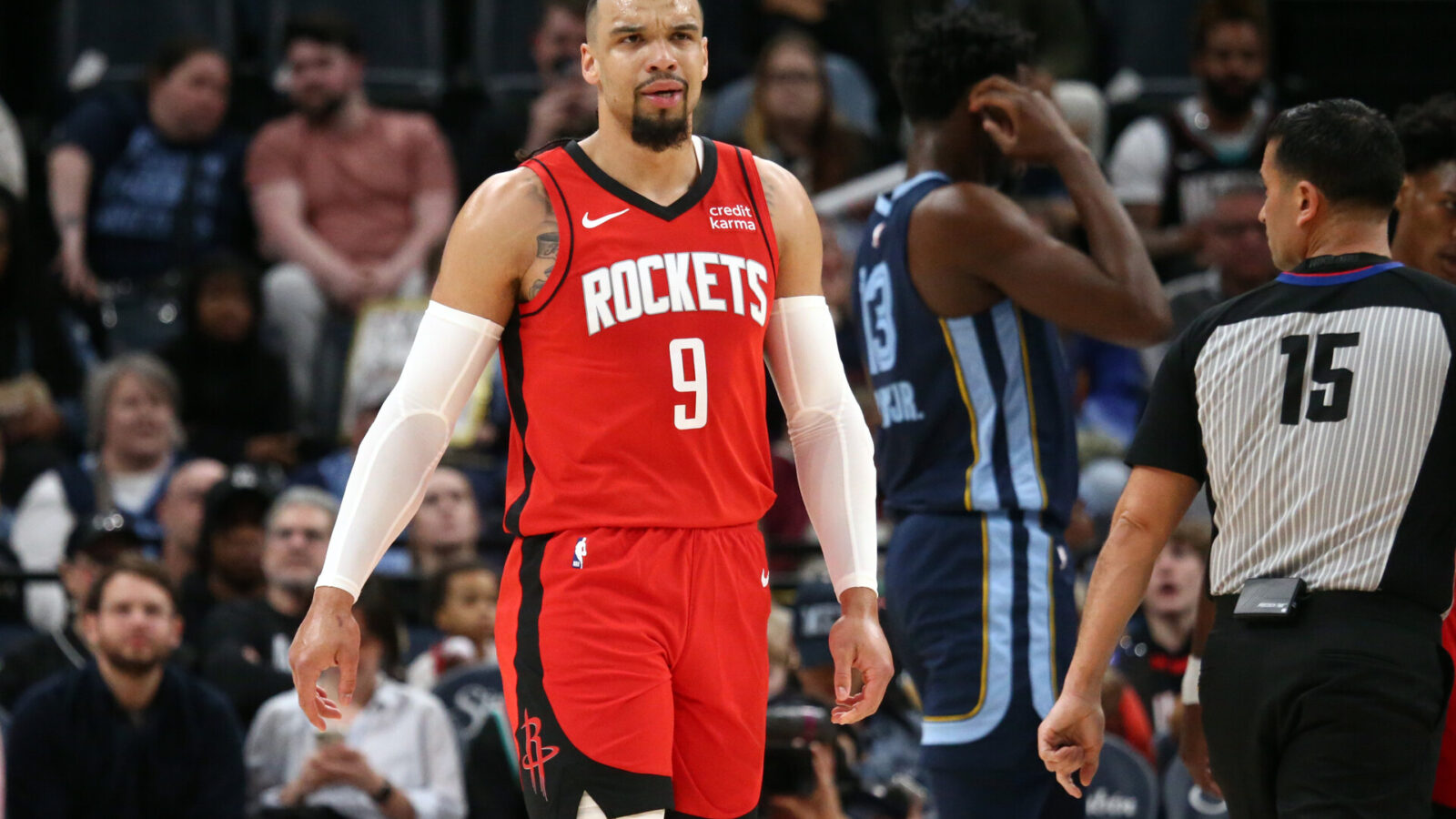 Feb 14, 2024; Memphis, Tennessee, USA; Houston Rockets forward Dillon Brooks (9) reacts during the first half against the Memphis Grizzlies at FedExForum