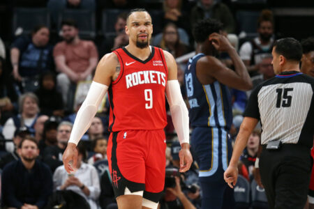 Feb 14, 2024; Memphis, Tennessee, USA; Houston Rockets forward Dillon Brooks (9) reacts during the first half against the Memphis Grizzlies at FedExForum