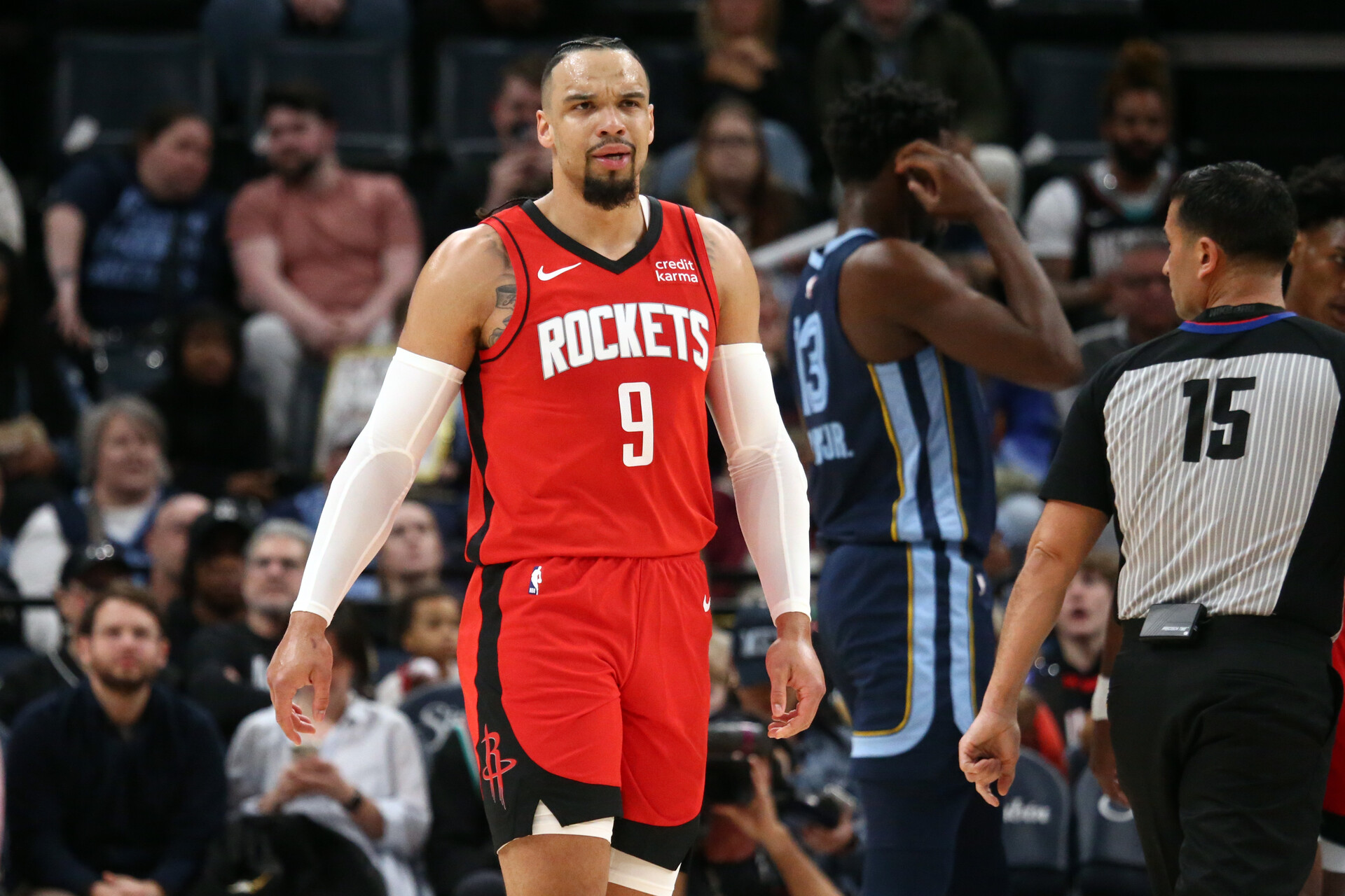 Feb 14, 2024; Memphis, Tennessee, USA; Houston Rockets forward Dillon Brooks (9) reacts during the first half against the Memphis Grizzlies at FedExForum