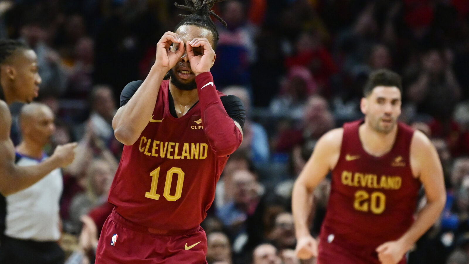 Cleveland Cavaliers guard Darius Garland (10) reacts after a basket during the second half against the Chicago Bulls at Rocket Mortgage FieldHouse.