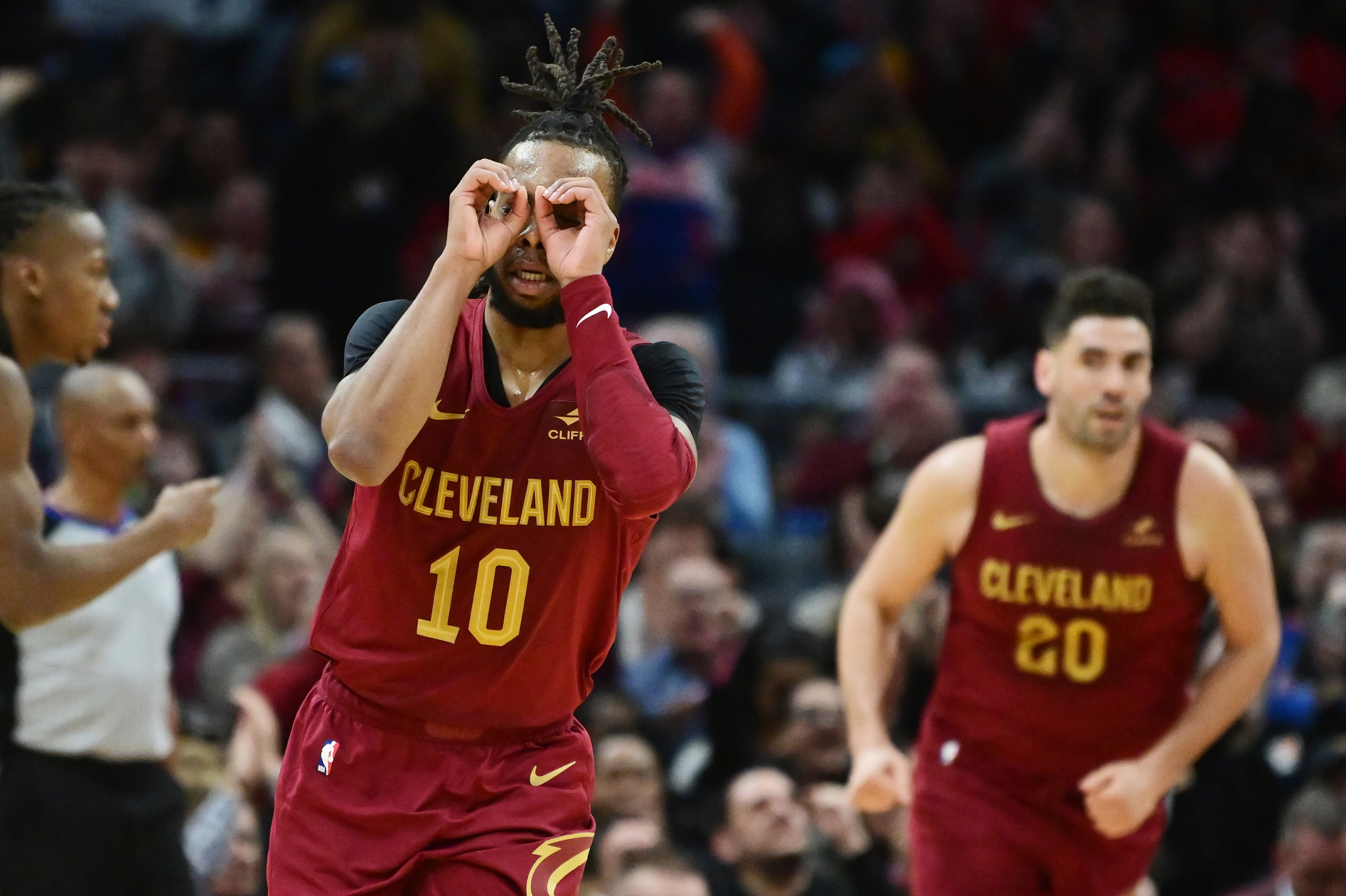 Cleveland Cavaliers guard Darius Garland (10) reacts after a basket during the second half against the Chicago Bulls at Rocket Mortgage FieldHouse.