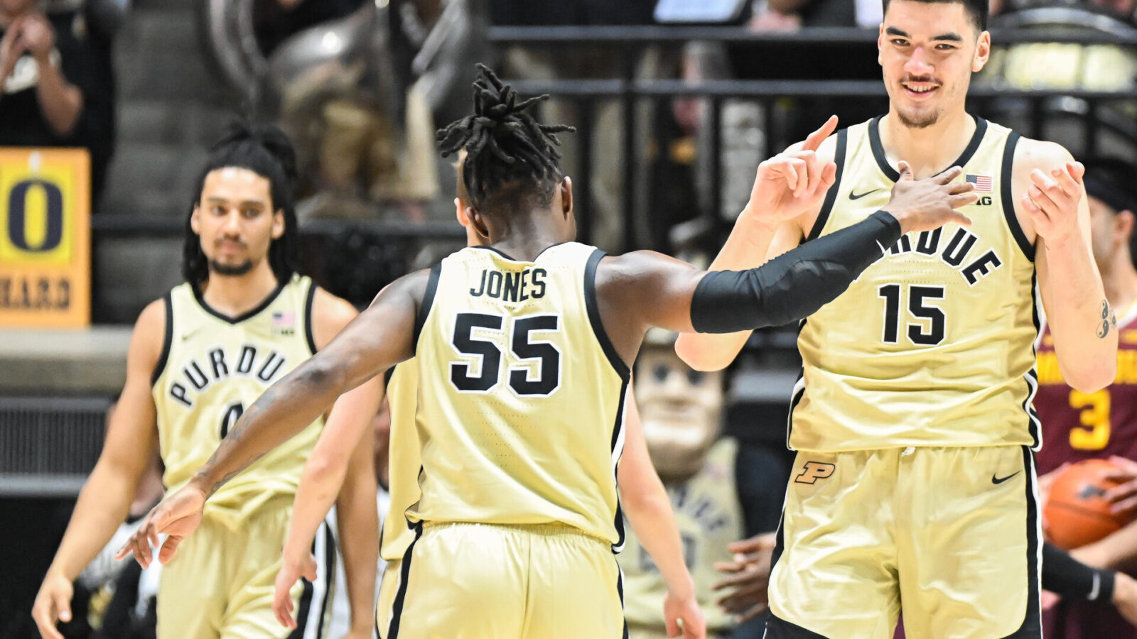 Purdue Boilermakers guard Lance Jones (55) and Purdue Boilermakers center Zach Edey (15) celebrate after a made shot during the first half at Mackey Arena.