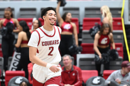 Feb 15, 2024; Pullman, Washington, USA; Washington State Cougars guard Myles Rice (2) cracks a smile after a score against the California Golden Bears in the second half at Friel Court at Beasley Coliseum. Washington State Cougars won 84-65.