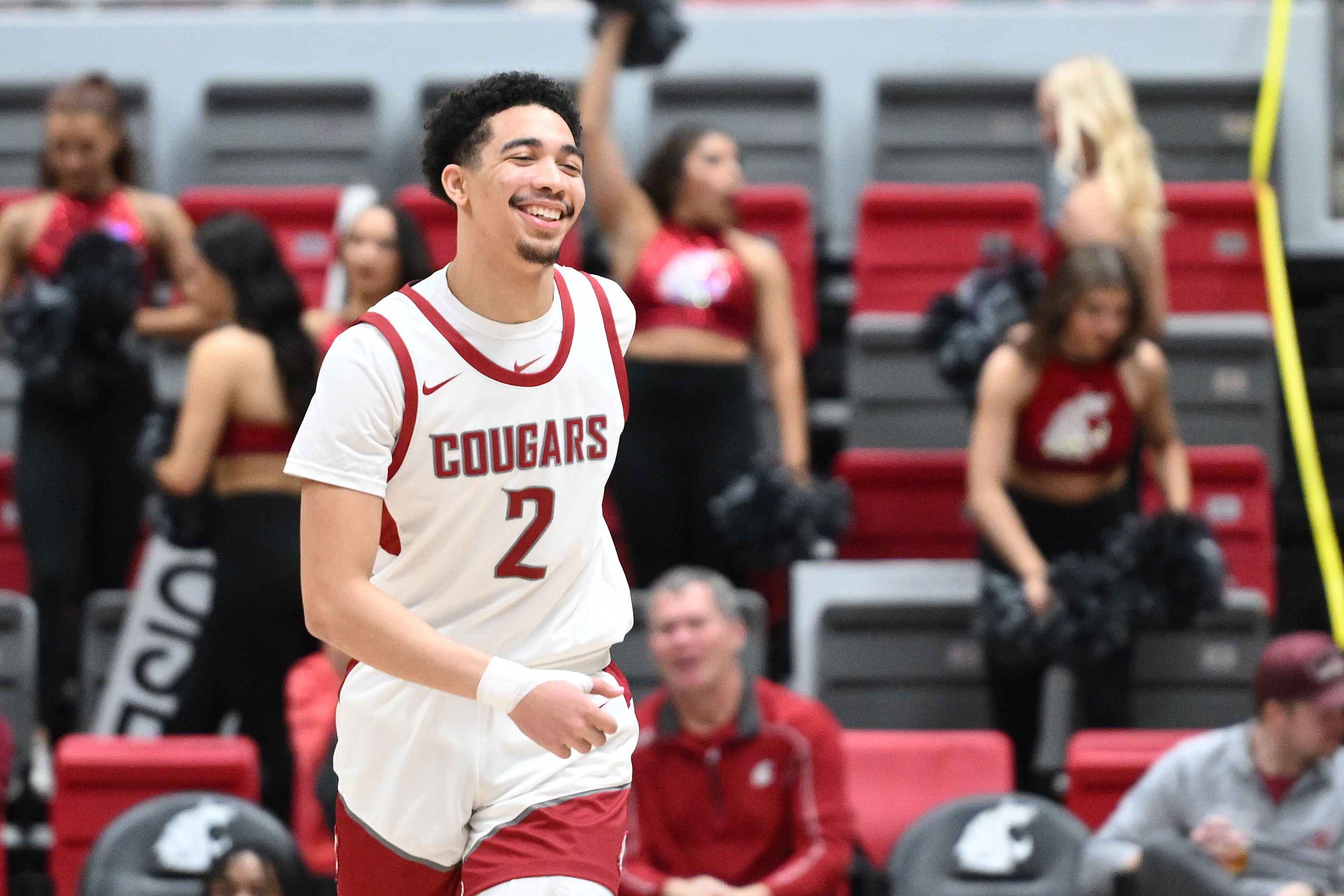 Feb 15, 2024; Pullman, Washington, USA; Washington State Cougars guard Myles Rice (2) cracks a smile after a score against the California Golden Bears in the second half at Friel Court at Beasley Coliseum. Washington State Cougars won 84-65.
