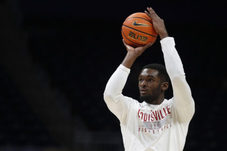 Feb 17, 2024; Pittsburgh, Pennsylvania, USA; Louisville Cardinals forward Brandon Huntley-Hatfield (5) warms up before a game against the Pittsburgh Panthers at the Petersen Events Center.