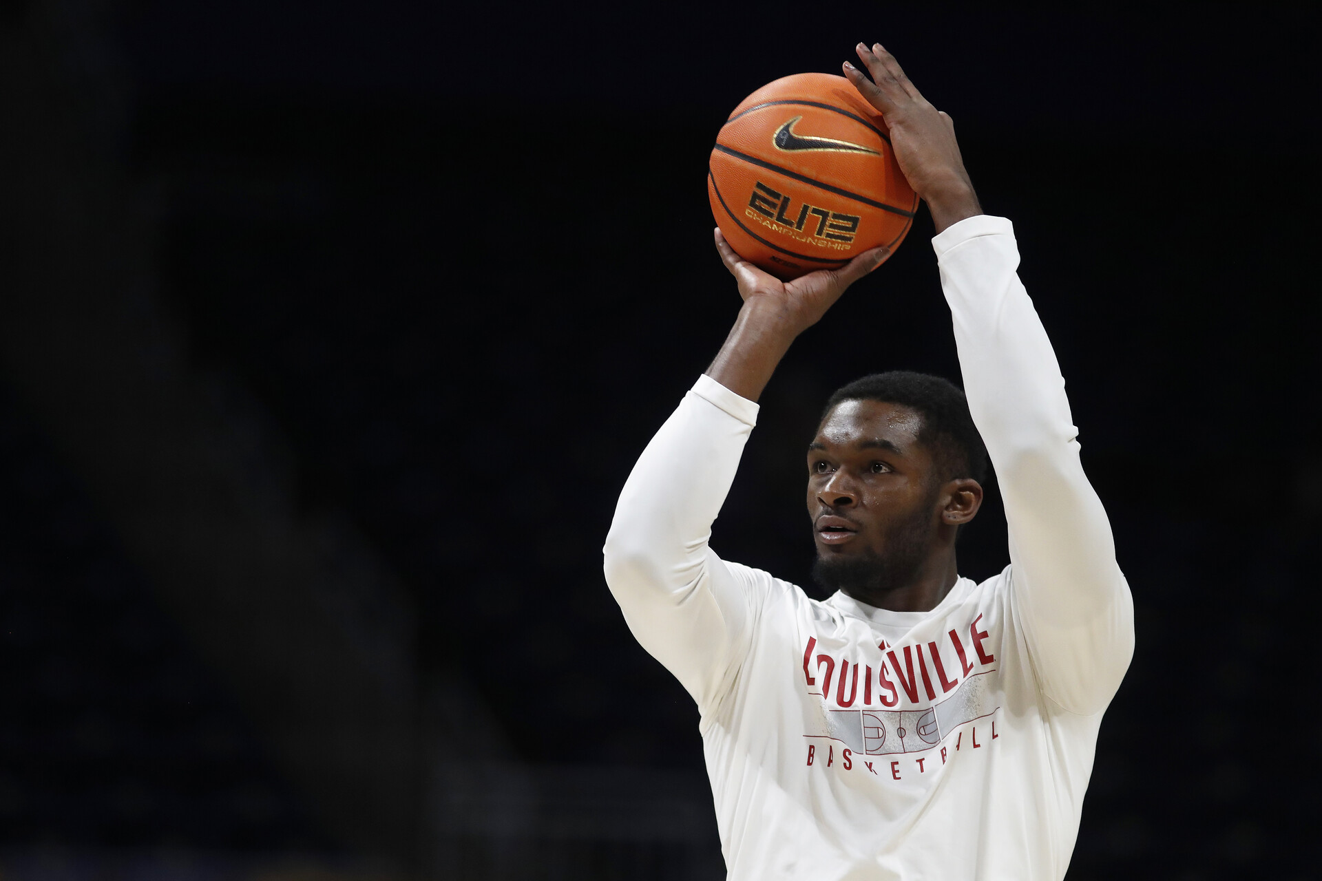 Feb 17, 2024; Pittsburgh, Pennsylvania, USA; Louisville Cardinals forward Brandon Huntley-Hatfield (5) warms up before a game against the Pittsburgh Panthers at the Petersen Events Center.