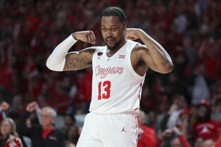 Feb 17, 2024; Houston, Texas, USA; Houston Cougars forward J'Wan Roberts (13) reacts after a play during the second half against the Texas Longhorns at Fertitta Center.