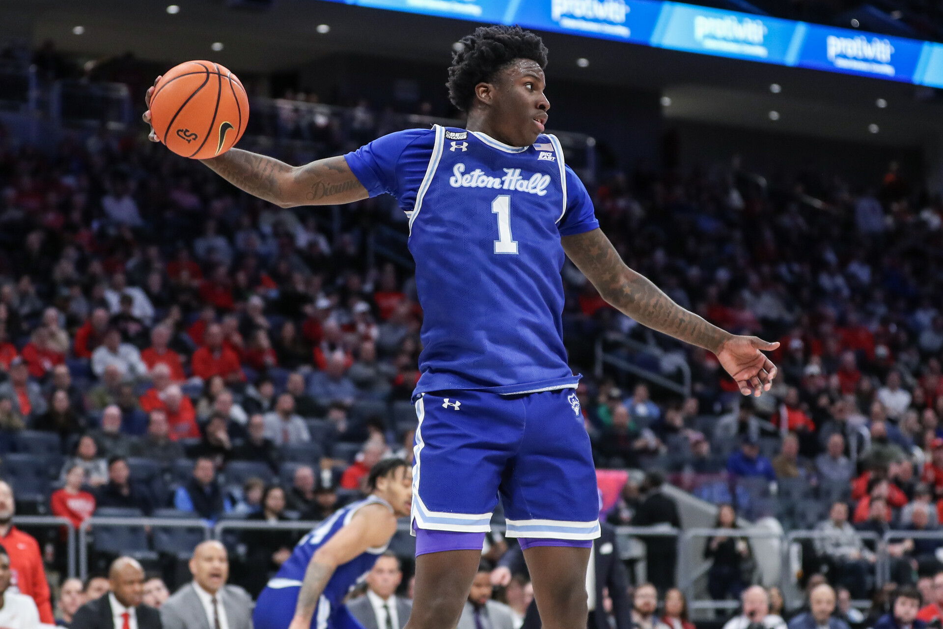 Feb 18, 2024; Elmont, New York, USA; Seton Hall Pirates guard Kadary Richmond (1) grabs a rebound in the second half against the St. John's Red Storm at UBS Arena.