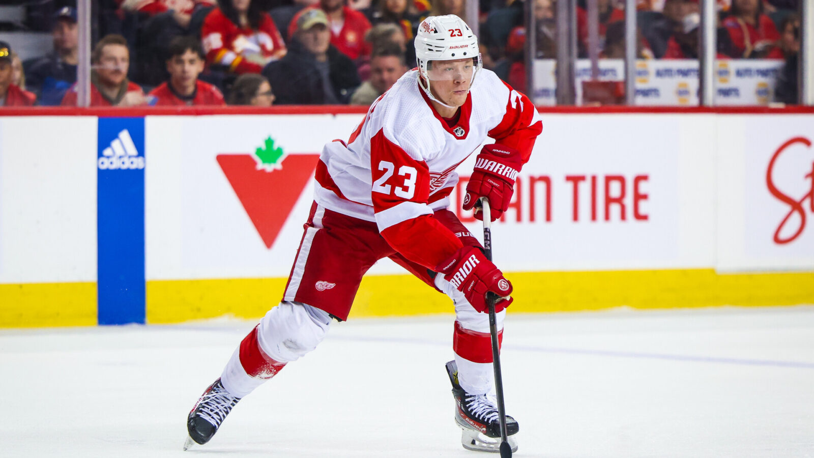 Feb 17, 2024; Calgary, Alberta, CAN; Detroit Red Wings left wing Lucas Raymond (23) controls the puck against the Calgary Flames during the first period at Scotiabank Saddledome.