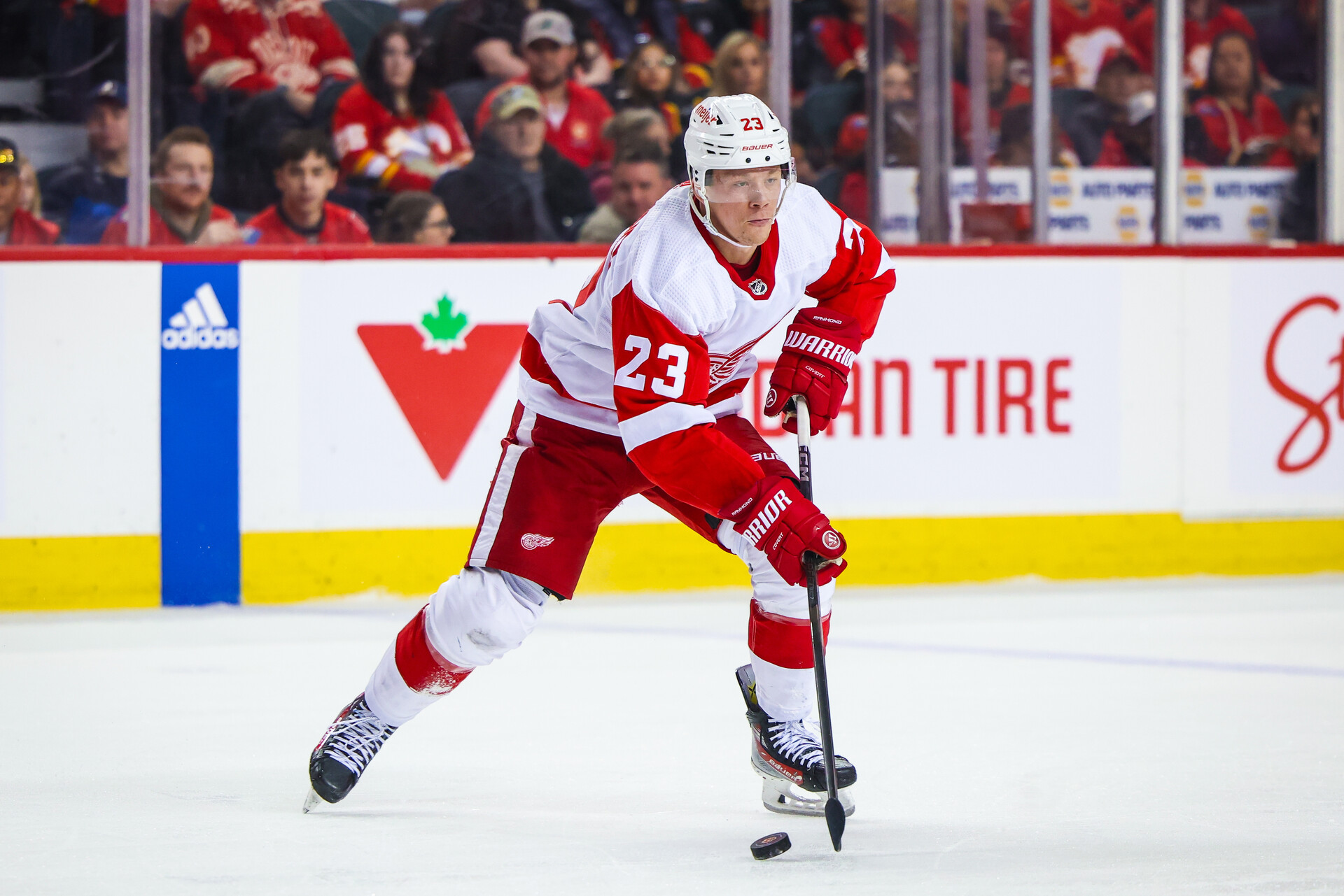 Feb 17, 2024; Calgary, Alberta, CAN; Detroit Red Wings left wing Lucas Raymond (23) controls the puck against the Calgary Flames during the first period at Scotiabank Saddledome.
