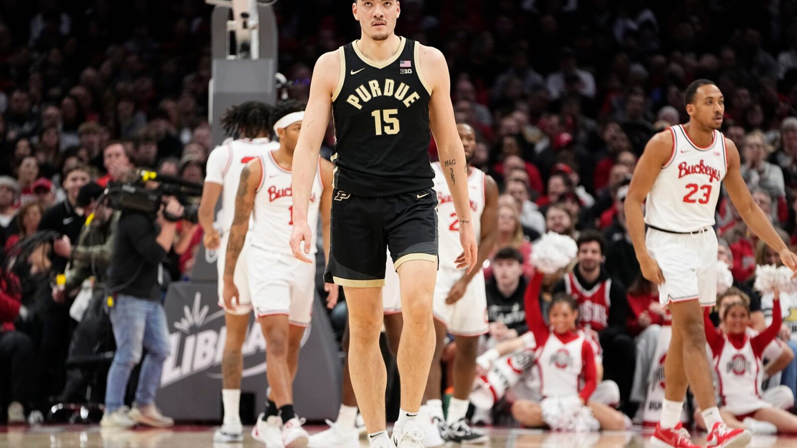 Purdue center Zach Edey (15) walks up court after being called for a foul during the first half against Ohio State at Value City Arena.