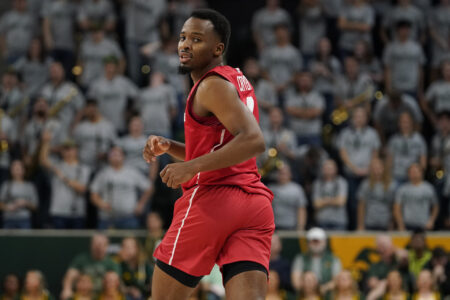 Feb 24, 2024; Waco, Texas, USA; Houston Cougars guard L.J. Cryer (4) reacts after a made three-point basket against against the Baylor Bears during the first half at Paul and Alejandra Foster Pavilion.