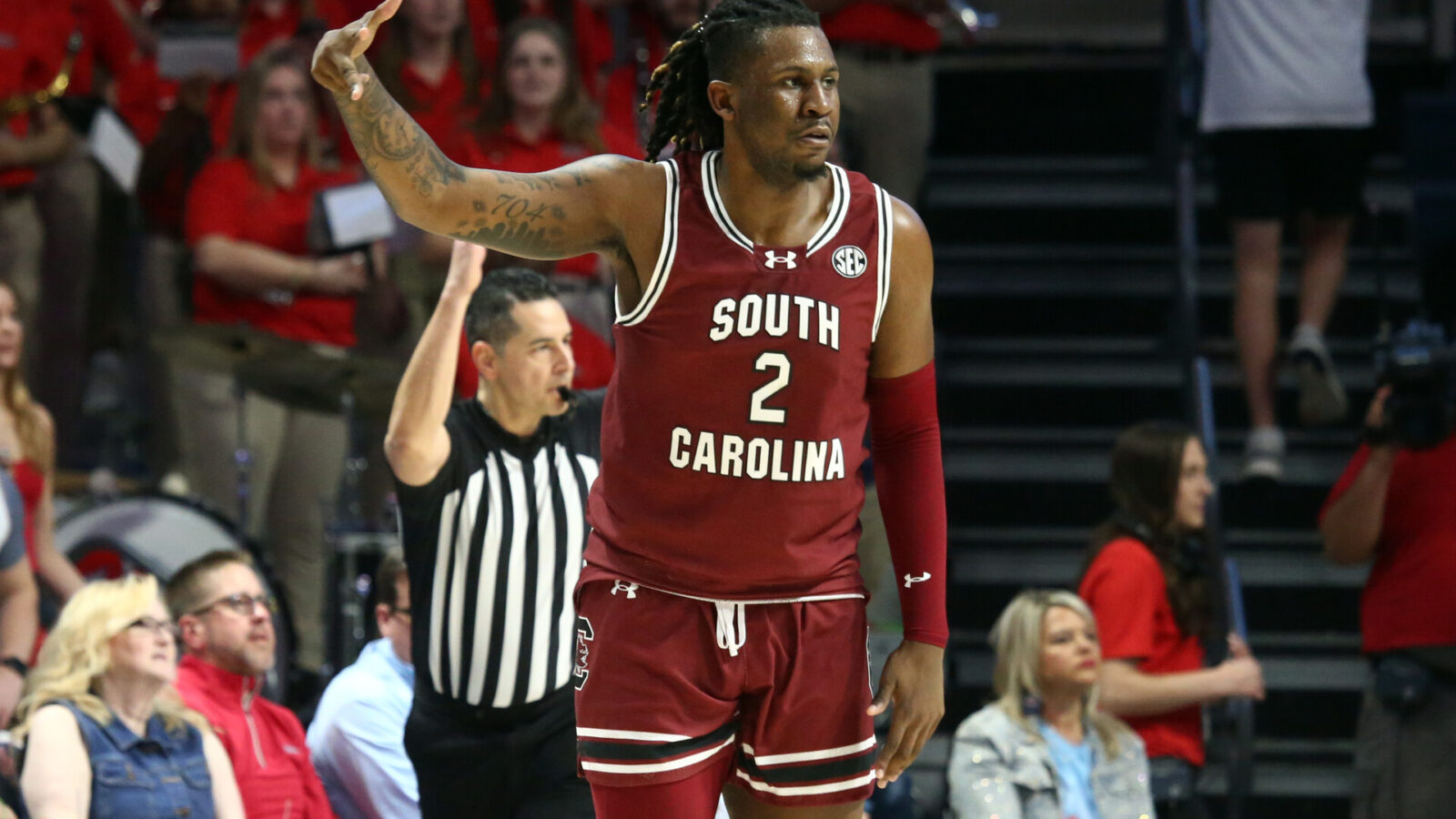 Feb 24, 2024; Oxford, Mississippi, USA; South Carolina Gamecocks forward B.J. Mack (2) reacts after a three point basket during the second half against the Mississippi Rebels at The Sandy and John Black Pavilion at Ole Miss.