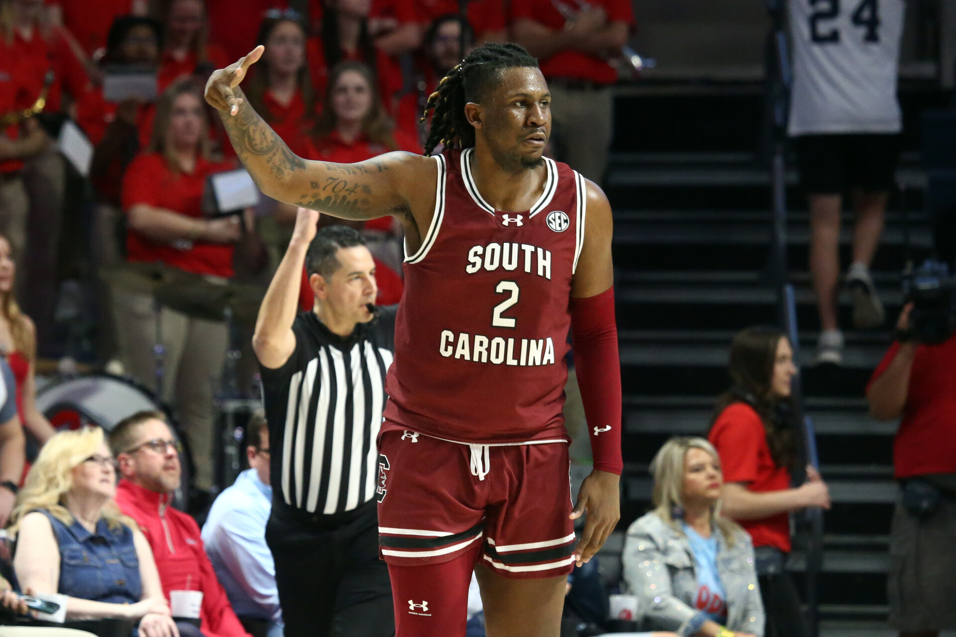 Feb 24, 2024; Oxford, Mississippi, USA; South Carolina Gamecocks forward B.J. Mack (2) reacts after a three point basket during the second half against the Mississippi Rebels at The Sandy and John Black Pavilion at Ole Miss.