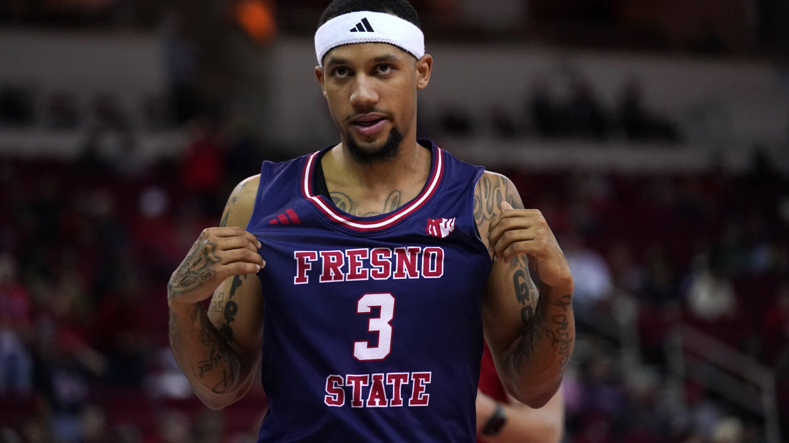 Feb 24, 2024; Fresno, California, USA; Fresno State Bulldogs guard Isaiah Hill (3) stands on the court before the start of the game against the San Diego State Aztecs at the Save Mart Center.