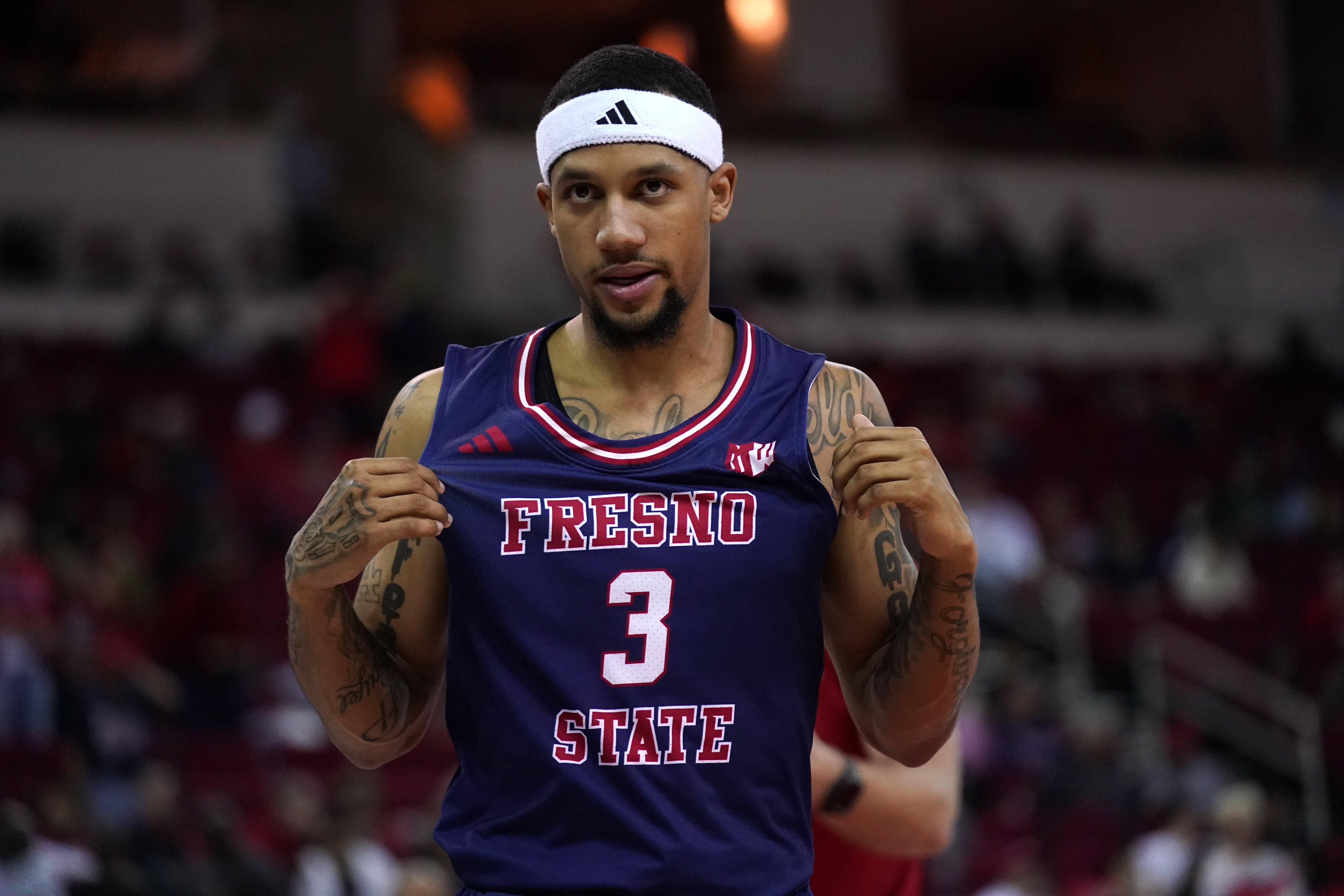 Feb 24, 2024; Fresno, California, USA; Fresno State Bulldogs guard Isaiah Hill (3) stands on the court before the start of the game against the San Diego State Aztecs at the Save Mart Center.
