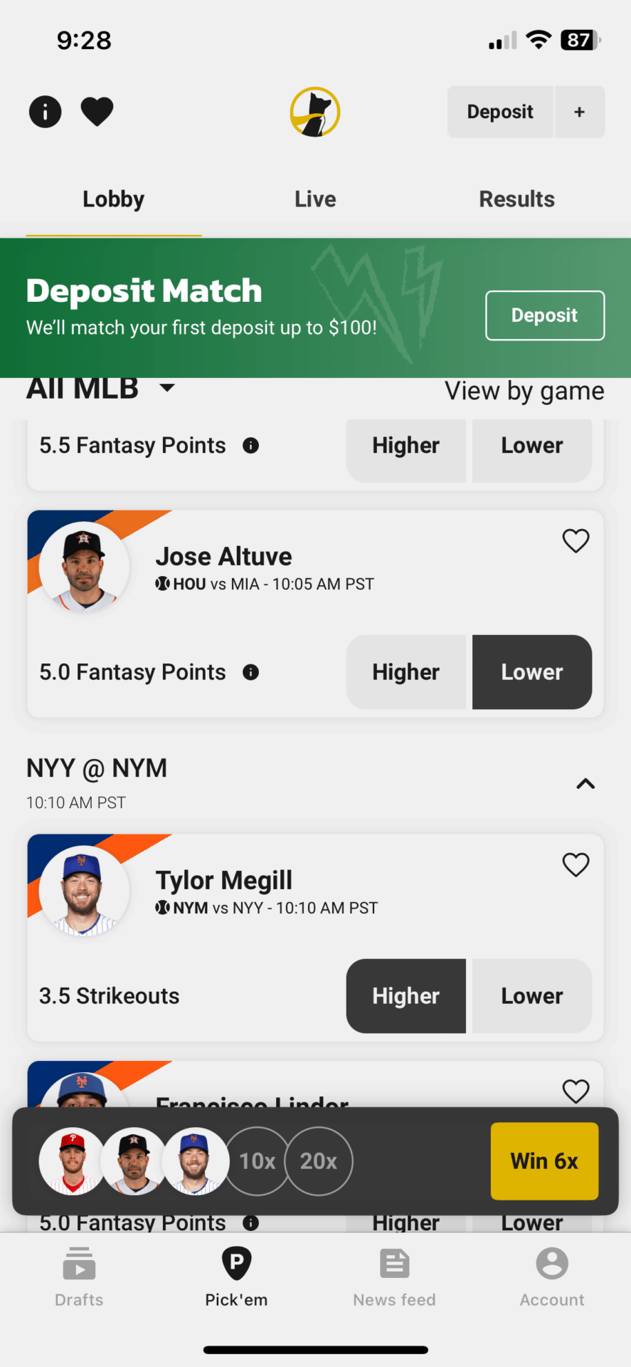 MLB DFS - Underdog Fantasy app screenshots