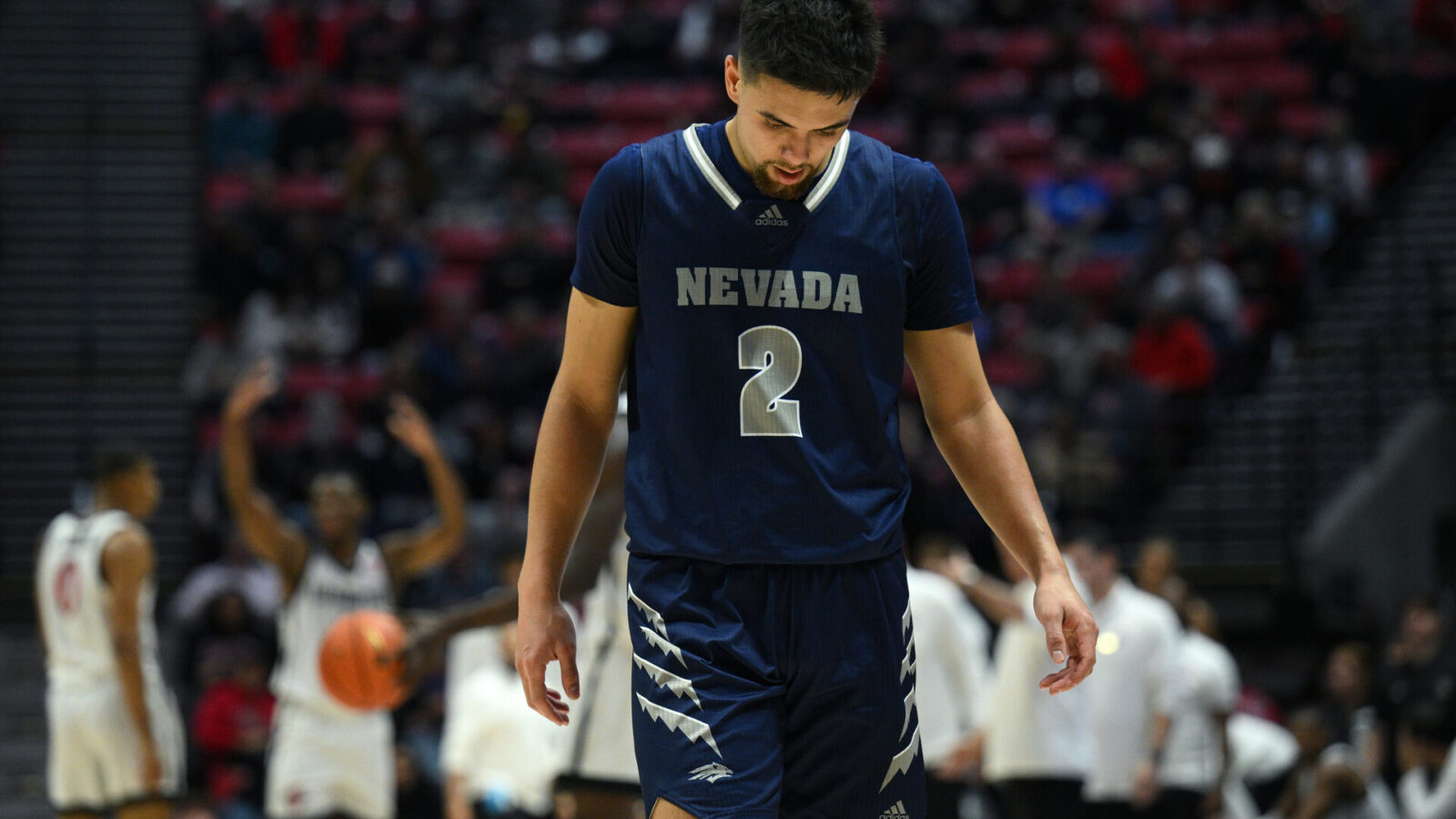 Jan 10, 2023; San Diego, California, USA; Nevada Wolf Pack guard Jarod Lucas (2) reacts during the first half against the San Diego State Aztecs at Viejas Arena.