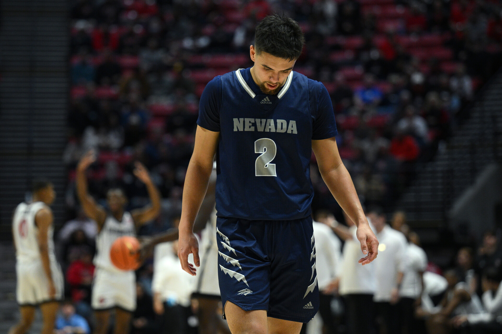 Jan 10, 2023; San Diego, California, USA; Nevada Wolf Pack guard Jarod Lucas (2) reacts during the first half against the San Diego State Aztecs at Viejas Arena.
