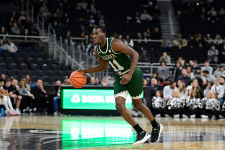 Nov 28, 2023; Providence, Rhode Island, USA; Wagner Seahawks guard Melvin Council Jr. (11) dribbles against the Providence Friars during the second half at Amica Mutual Pavilion.