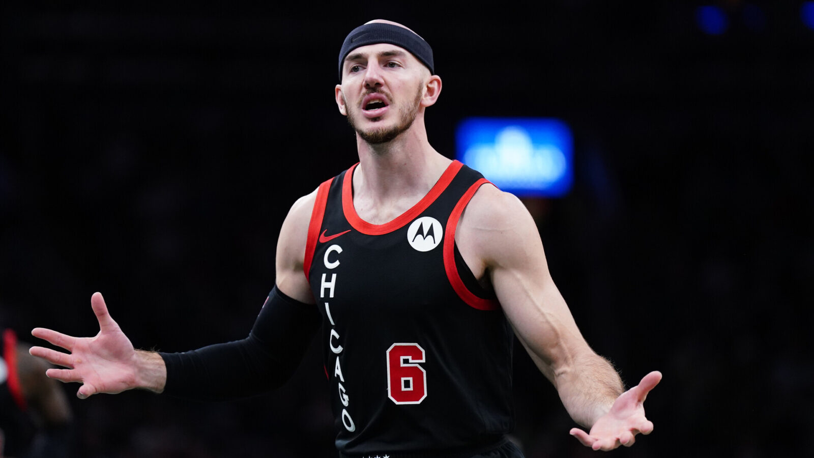 Chicago Bulls guard Alex Caruso (6) looks for a call against the Boston Celtics in the second half at TD Garden.