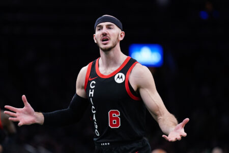 Chicago Bulls guard Alex Caruso (6) looks for a call against the Boston Celtics in the second half at TD Garden.