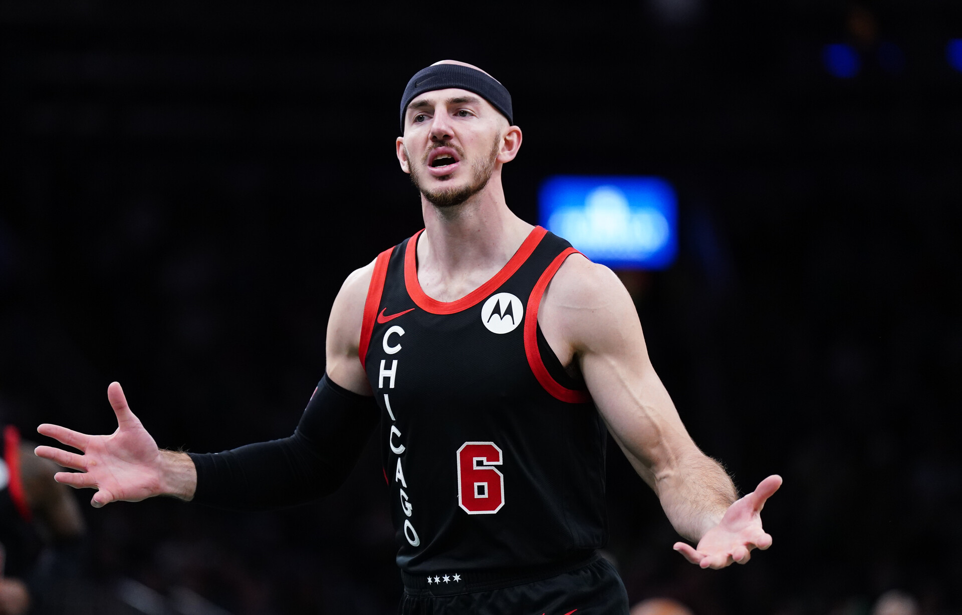 Chicago Bulls guard Alex Caruso (6) looks for a call against the Boston Celtics in the second half at TD Garden.
