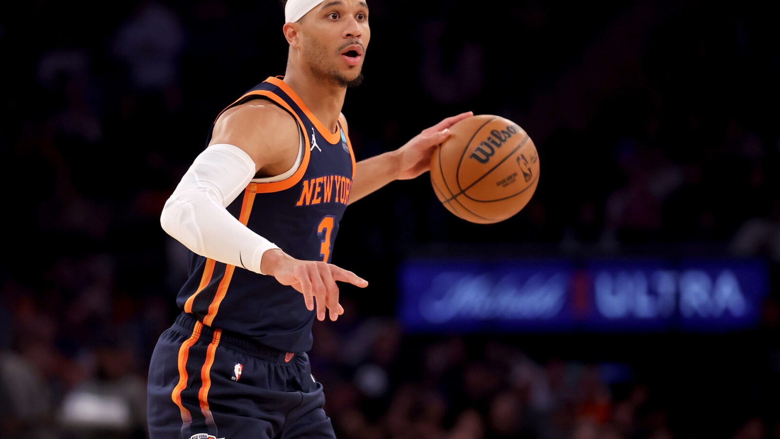 New York Knicks guard Josh Hart (3) controls the ball against the Utah Jazz during the first quarter at Madison Square Garden.